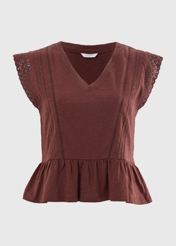 LACE INSERT PEPLUM TEE BROWN £15