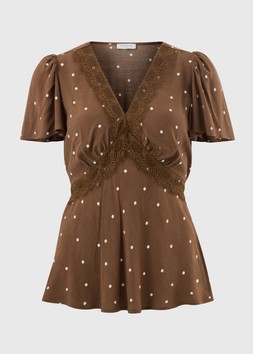 SPOT LACE TRIM TEA TOP C BROWN £20