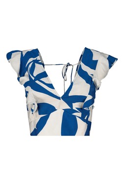 Blue Leaf Print Frill Bow Top