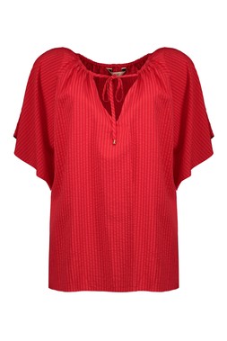 Red Textured Tie Neck Blouse