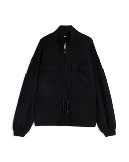 Black Tie Waist Patch Pocket Zip Thru Jacket