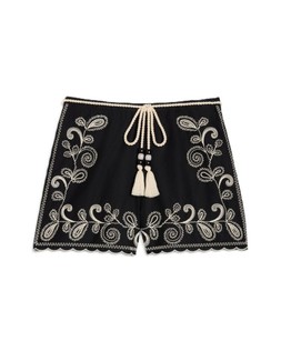Black Embroidered Mono Leaf Rope Belted Short