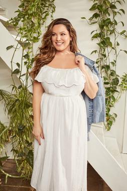 Kelly Brook in White Bardot Broderie Midi Dress