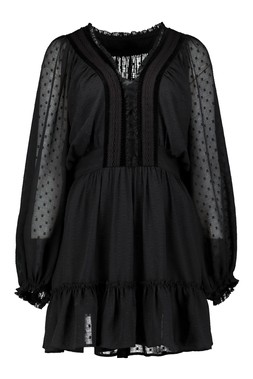Black Dobby Velvet Trim Mini Dress