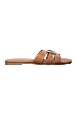 Tan Cross Bar Gold Trim Sandal