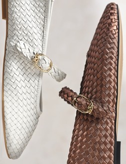 Dune London Headline 79 GBP chocolate satin & ecru leather www.dunelondon.com close up