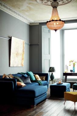 House Beautiful Long Beach Velvet Left Hand Facing Small Chaise Sofa in blue, available exclusively at DFS