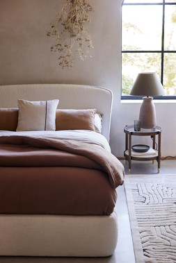 DFS Nario Lamp Table, available at DFS, DFS Cirrus King Size Ottoman Bed Frame in Cream Bouclé