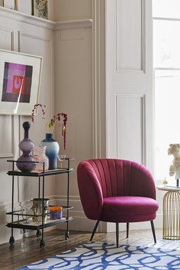 Swoon Aero Bar Trolley, available at DFS, Dwell Kelda Accent Chair in Red Wine Velvet