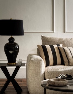 Furniture Village Boutique Pandora Small Corner Sofa in Plain Ivory, &pound;3,595 Creed Lamp Table, &pound;319 Kalvin Table Lamp