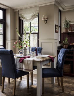 Furniture Village Furnitureland Hamilton Rectangular Extending Dining Table and 4 Denim Button Back Dining Chairs