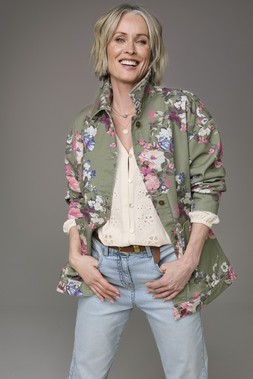 Printed Twill Oversized Jacket £59 , Long Sleeve Broiderie Blouse £45, Straight Leg Jeans £40