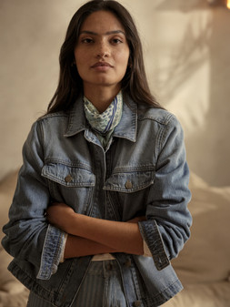 FatFace Honey Blouse, £52, W71237 - Thea Denim Jacket, £69, W69682 - Patchwork Hair Scarf, £14.50, H69029