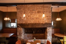 Upton pendants and 3 way Hereford dish cluster chandeliers at New Inn