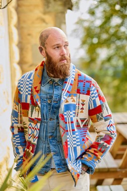 Patchwork Aztec Cardigan £65 & Distinguished Denim Jacket £59 & Cool In Cord Cream Trousers £45