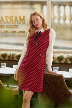 WF362A Statement Pinafore Dress Red £50 WA448A Perfect White Shirt With Detachable Statement Brooch White £48 043