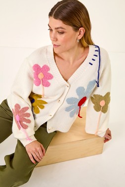 Roman Ivory Floral Stitch Knit Cardigan