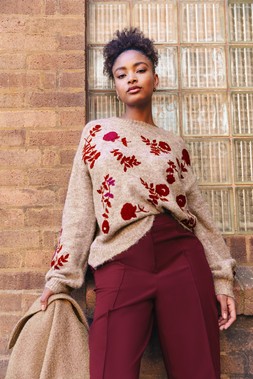 Roman Taupe Floral Crew Neck Knit Jumper