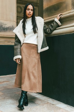 Tan Petite Suede A-Line Skirt