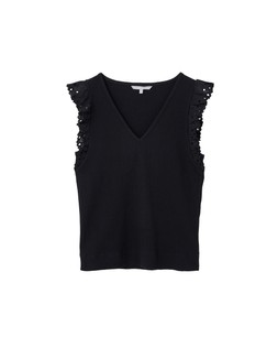 Black Broderie Flutter Sleeve Rib Top	£35 €45.5