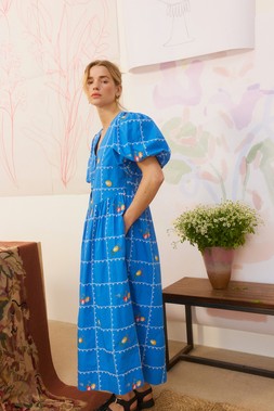 Cobalt Blue & White Embroidered Puff Sleeve Midi Dress £95
