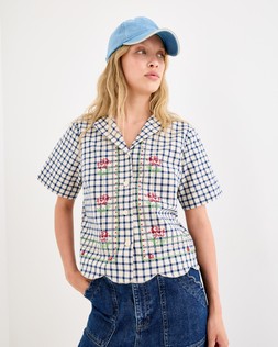 Cream & Blue Gingham Embroidered Short Sleeve Shirt £65 €85