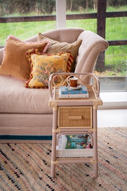 Vero Pink Rattan Bedside Table // Image Credit: Camille Liu Nock/ Oliver Bonas