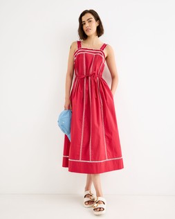 Red Embriodered Tie Waist Strappy Midi Dress £82 €110