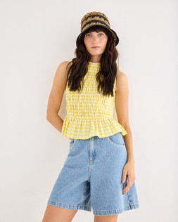 Yellow Gingham Shirred Sleeveles Top £58 €76