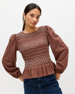 Chocolate Brown Shirred Bodice Long Sleeve Top £52