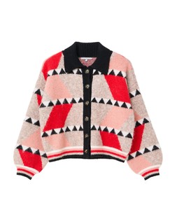 Cream & Red Geometric Button Up Knitted Bomber Jacket £85