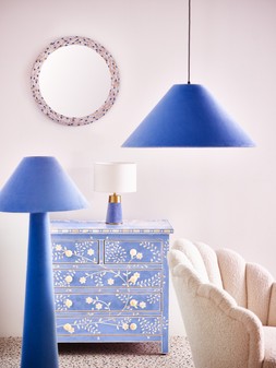 Oliver Bonas Lohko Floral Inlay Chest of Drawers £995 - Ero Table Lamp and Shade £95 - Velluto Tapered Lampshade £85 - Velluto Floor Lamp £145 - Lina Wall Mirror £135
