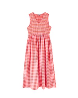 Oliver Bonas Red Pink Gingham Shirred Midi Dress £80