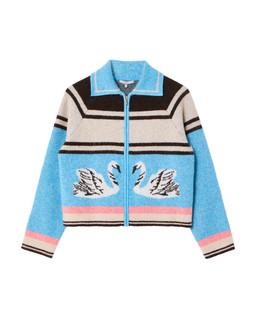 Striped Swan Zip Up Collared Knitted Bomber Jacket £75
