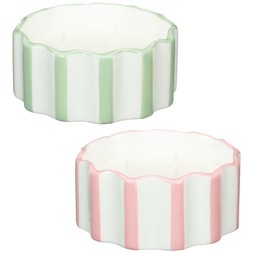 B&M HOME SS26 // COUNTRY RUSTIC // CERAMIC SCALLOP EDGE CANDLE WITH STRIPE PATTERN - GREEN AND PINK // £5 EACH //
