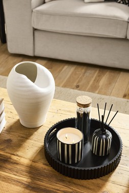 HOME SS26 // JAPANDI CALM // COLLAPSED CERAMIC VASE £10 // WOODEN RIBBED EDGE TRAY // BLACK AND WHITE STRIPE CERAMIC DIFFUSER £5 //