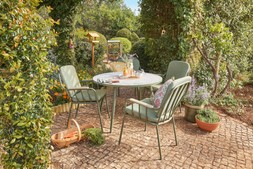 Aura 4 Seat Dining Set, £599; Sintra Glazed Terracotta Oil Drizzler Ochre, £5.99