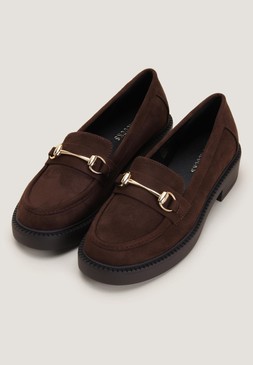 Brown Faux Suede Gold Trim Loafers