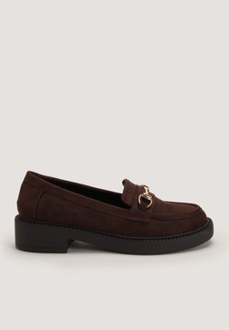 Brown Faux Suede Gold Trim Loafers