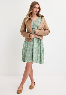 Khaki Ditsy Flutter Sleeve Dress