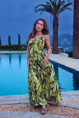 Green palm print maxi dress