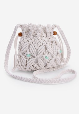 Womens Cream Drawstring Crochet Cross Body Bag