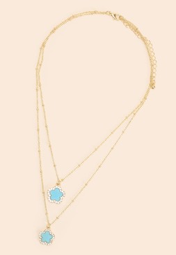 Womens Gold Turquoise Double Drop Pave Flower Necklace