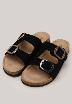 Black Buckle Footbed Sandals