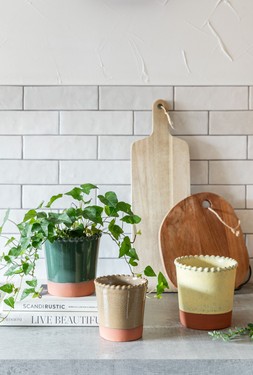 ADELINE BEADED EDGE PASTEL PLANTER IN YELLOW, MOCHA AND FOREST GREEN £12.99 TO £15.99