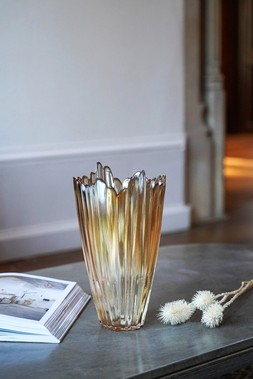 AMBER RIPPLED GLASS VASE H20CM W14CM