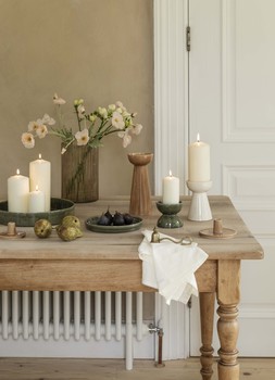 BOWEN PILLAR CANDLE HOLDER IN LINEN AND MOSS, BOWEN CANDLE PLATE IN LINEN ABND MOSS £7.99 TO £24.99