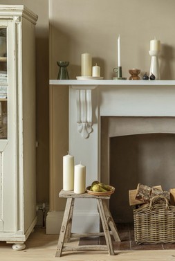 BOWEN PILLAR CANDLE HOLDER IN LINEN AND MOSS, BOWEN CANDLE PLATE IN LINEN ABND MOSS £7.99 TO £24.99