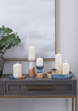 DIPPED BOWEN PILLAR CANDLE HOLDER BLUE AND BROWN, DIPPED BOWEN CANDLE PLATE BLUE AND BROWN £8.99 to £25.99
