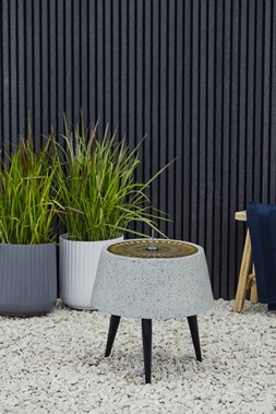 SOLIS WATER FEATURE ON BLACK LEGS WITH LIGHT DISPLAY IN TERRAZZO AND BRASS &pound;249.99